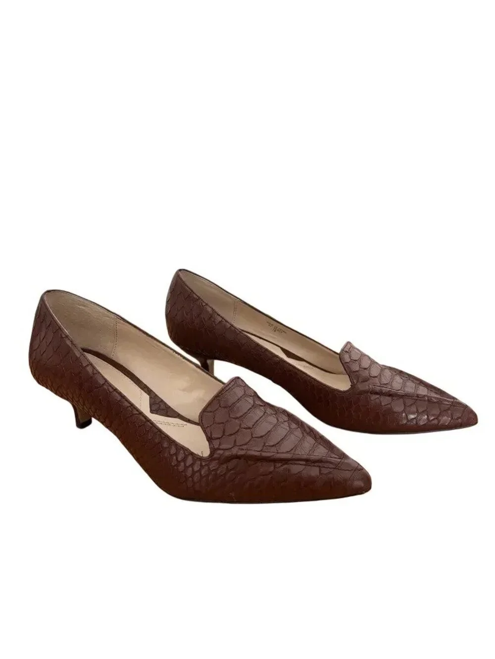 ADRIENNE VITTADINI Croc Embossed Pointed Toe Leather Kitten Heels Cognac SZ 8.5